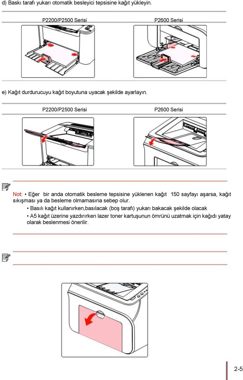 P2200/P2500 Serisi P2600 Serisi Not: Eğer bir anda otomatik besleme tepsisine yüklenen kağıt 150 sayfayı aşarsa, kağıt sıkışması