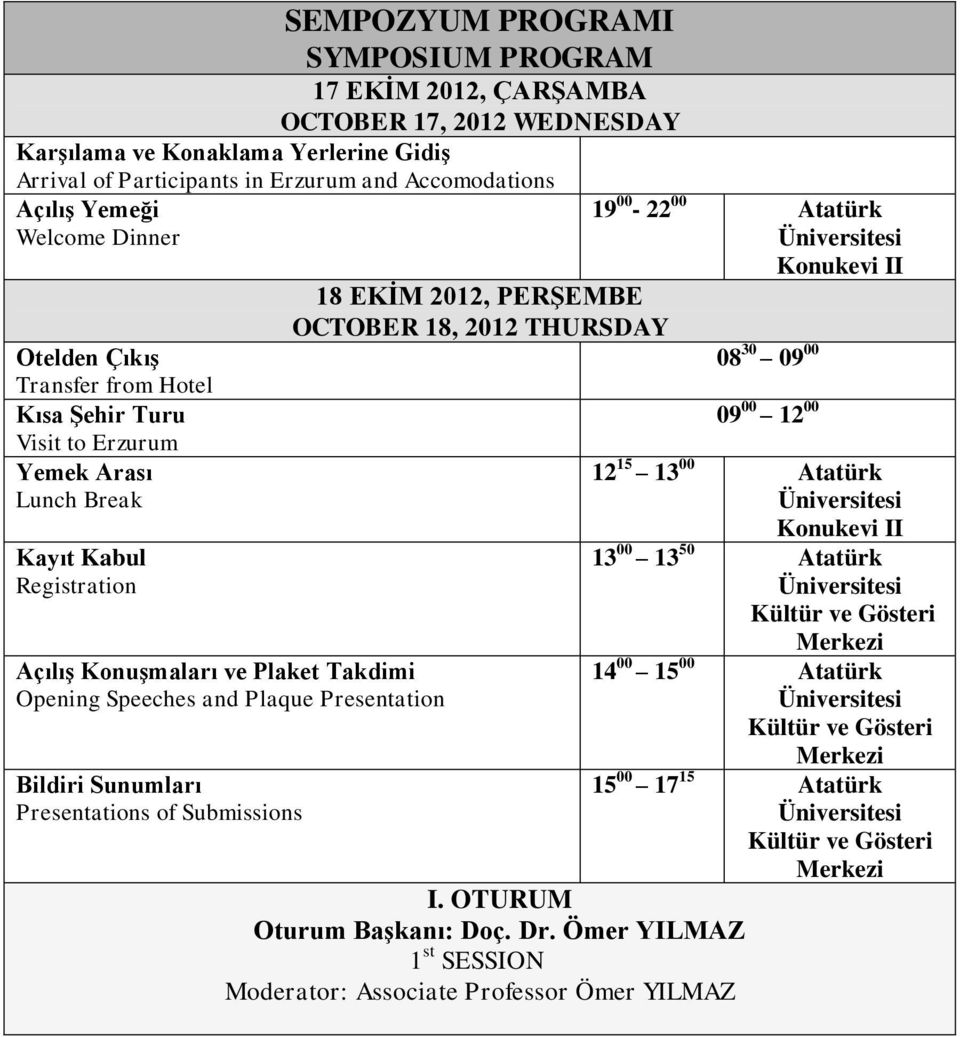 Presentation Bildiri Sunumları Presentations of Submissions 19 00-22 00 Atatürk Üniversitesi Konukevi II 18 EKİM 2012, PERŞEMBE OCTOBER 18, 2012 THURSDAY I. OTURUM Oturum Başkanı: Doç. Dr.