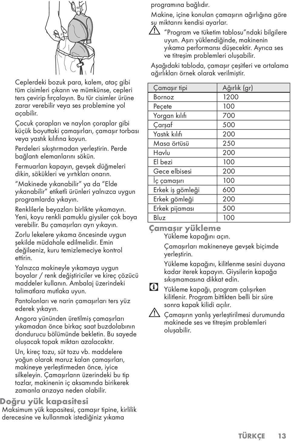 Fermuarları kapayın, gevşek düğmeleri dikin, sökükleri ve yırtıkları onarın. Makinede yıkanabilir ya da Elde yıkanabilir etiketli ürünleri yalnızca uygun programlarda yıkayın.