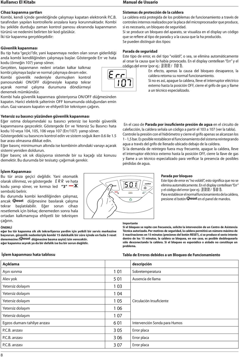 İki tür kapanma gerçekleşebilir: Güvenlik kapanması Bu tip hata geçici dir, yani kapanmaya neden olan sorun giderildiği anda kombi kendiliğinden çalışmaya başlar.