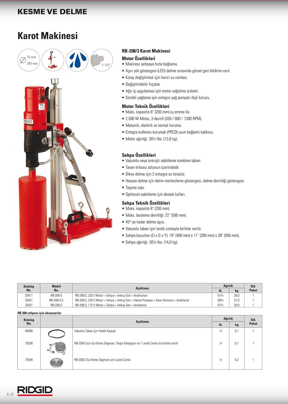 Motor Teknik Özellikleri Maks. kapasite 8" (200 mm) su emme ile. 2.500 W Motor, 3 devirli (320 / 800 / 1300 RPM). Mekanik, elektrik ve termal koruma.