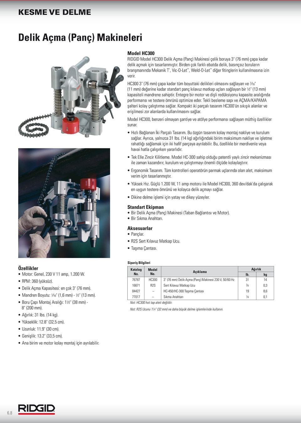 HC300 3" (76 mm) çapa kadar tüm boyuttaki delikleri olmasını sağlayan ve 7 16" (11 mm) değerine kadar standart panç kılavuz matkap uçları sağlayan bir 1 2" (13 mm) kapasiteli mandrene sahiptir.