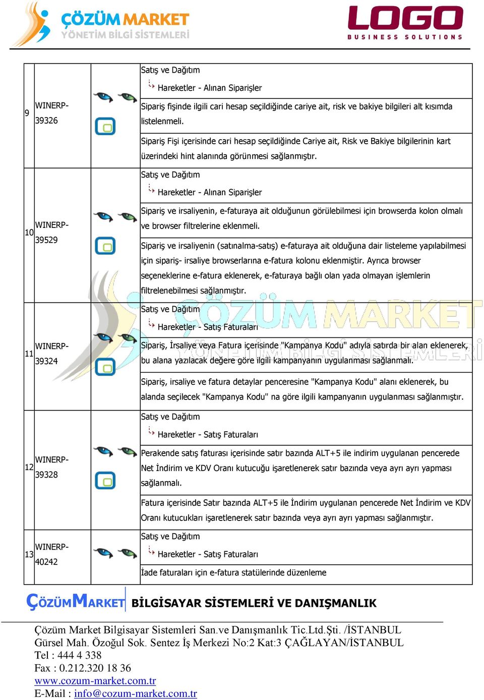 Hareketler - Alınan Siparişler 10 WINERP- 39529 Sipariş ve irsaliyenin, e-faturaya ait olduğunun görülebilmesi için browserda kolon olmalı ve browser filtrelerine eklenmeli.