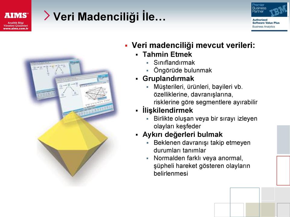 özelliklerine, davranışlarına, risklerine göre segmentlere ayırabilir İlişkilendirmek Birlikte oluşan veya bir