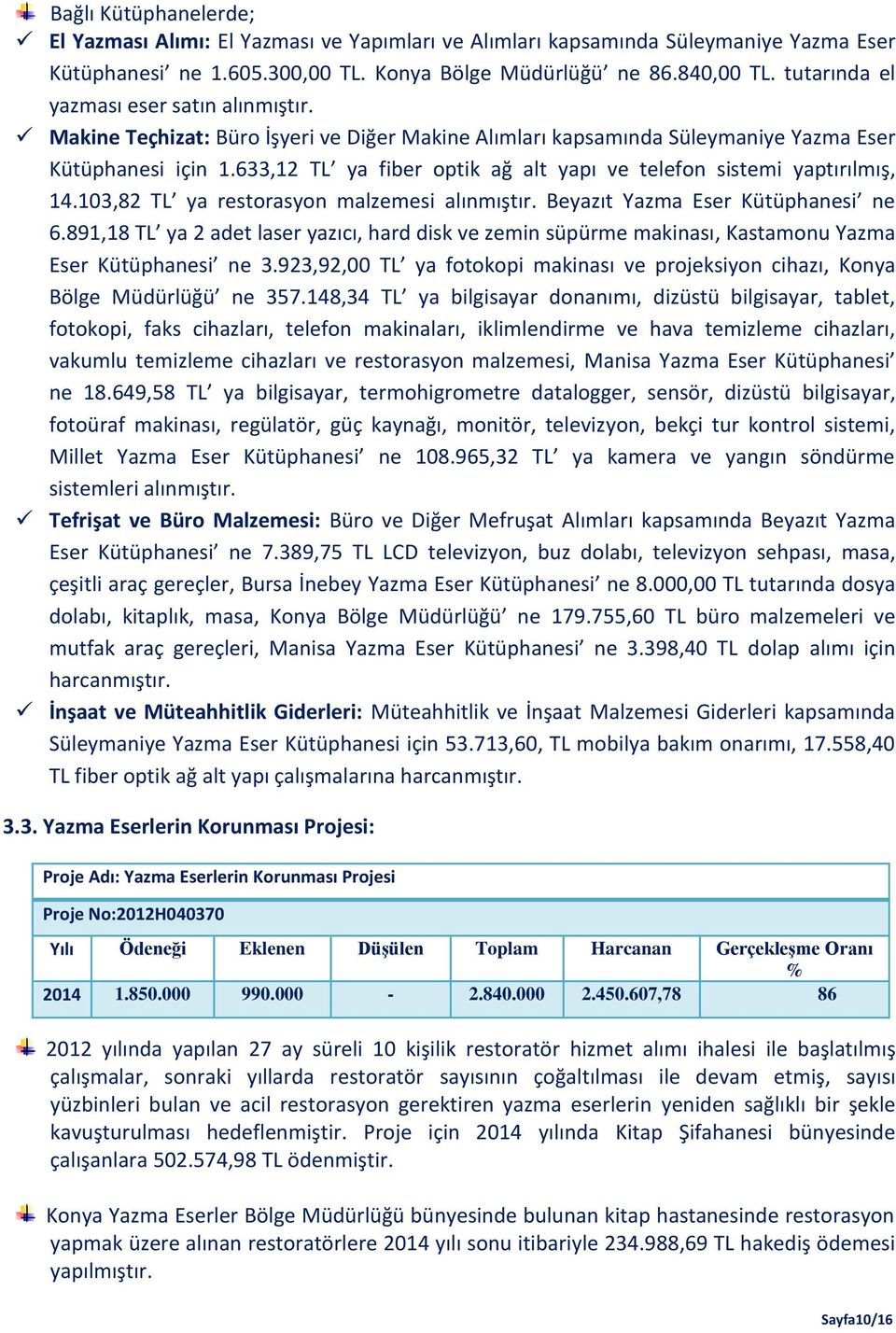 633,12 TL ya fiber optik ağ alt yapı ve telefon sistemi yaptırılmış, 14.103,82 TL ya restorasyon malzemesi alınmıştır. Beyazıt Yazma Eser ne 6.