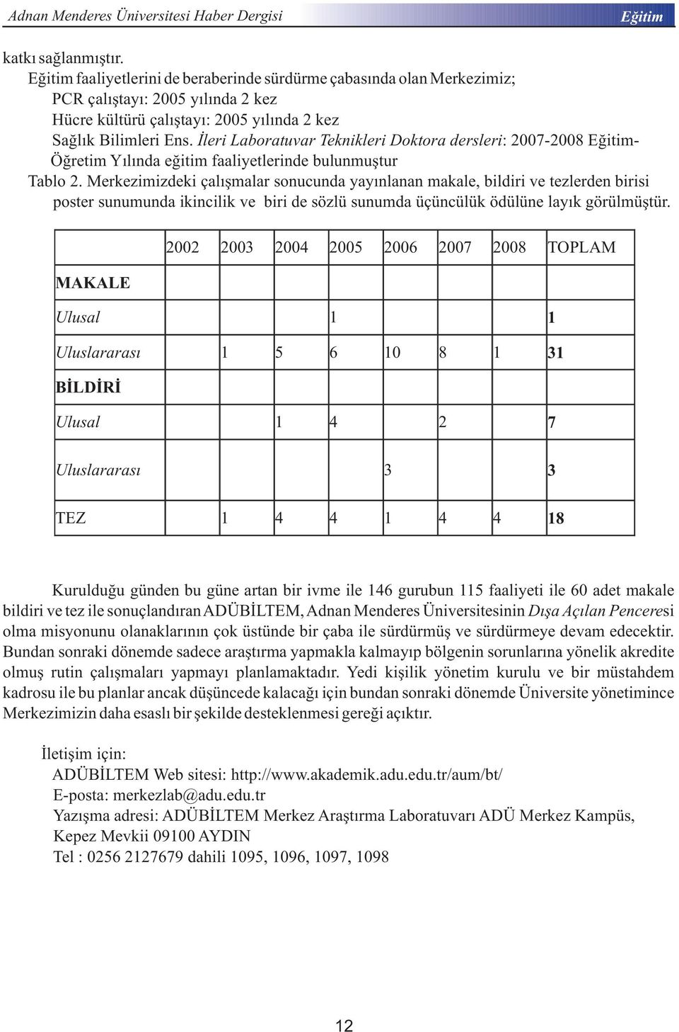 Merkezimizdeki çalışmalar sonucunda yayınlanan makale, bildiri ve tezlerden birisi poster sunumunda ikincilik ve biri de sözlü sunumda üçüncülük ödülüne layık görülmüştür.