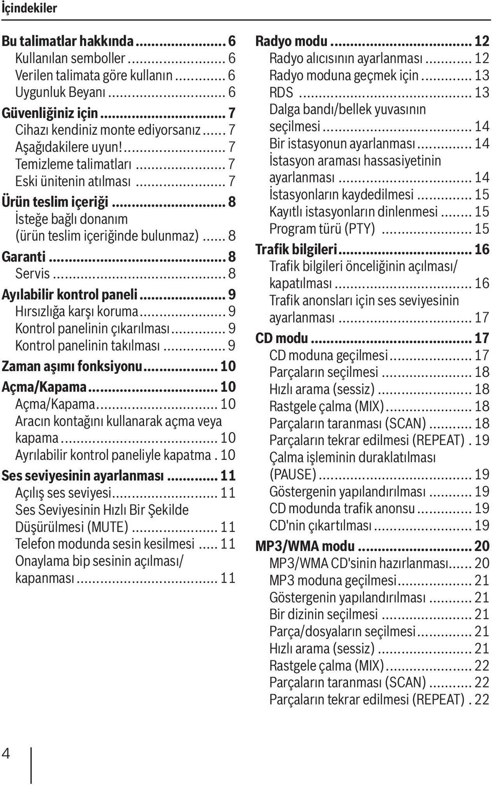 .. 8 Ayılabilir kontrol paneli... 9 Hırsızlığa karşı koruma... 9 Kontrol panelinin çıkarılması... 9 Kontrol panelinin takılması... 9 Zaman aşımı fonksiyonu... 10 Açma/Kapama.