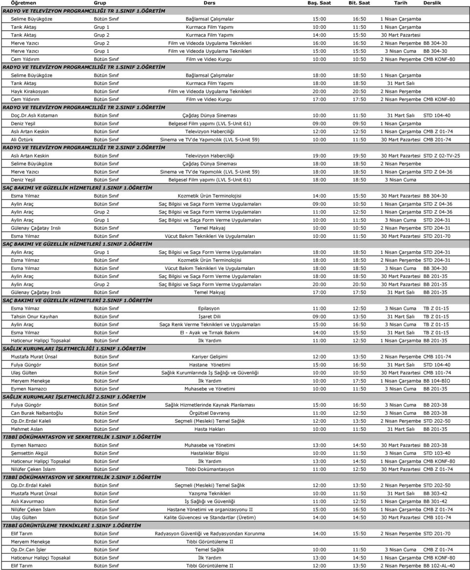 15:50 30 Mart Pazartesi Merve Yazıcı Grup 2 Film ve Videoda Uygulama Teknikleri 16:00 16:50 2 Nisan Perşembe BB 304-30 Merve Yazıcı Grup 1 Film ve Videoda Uygulama Teknikleri 15:00 15:50 3 Nisan Cuma