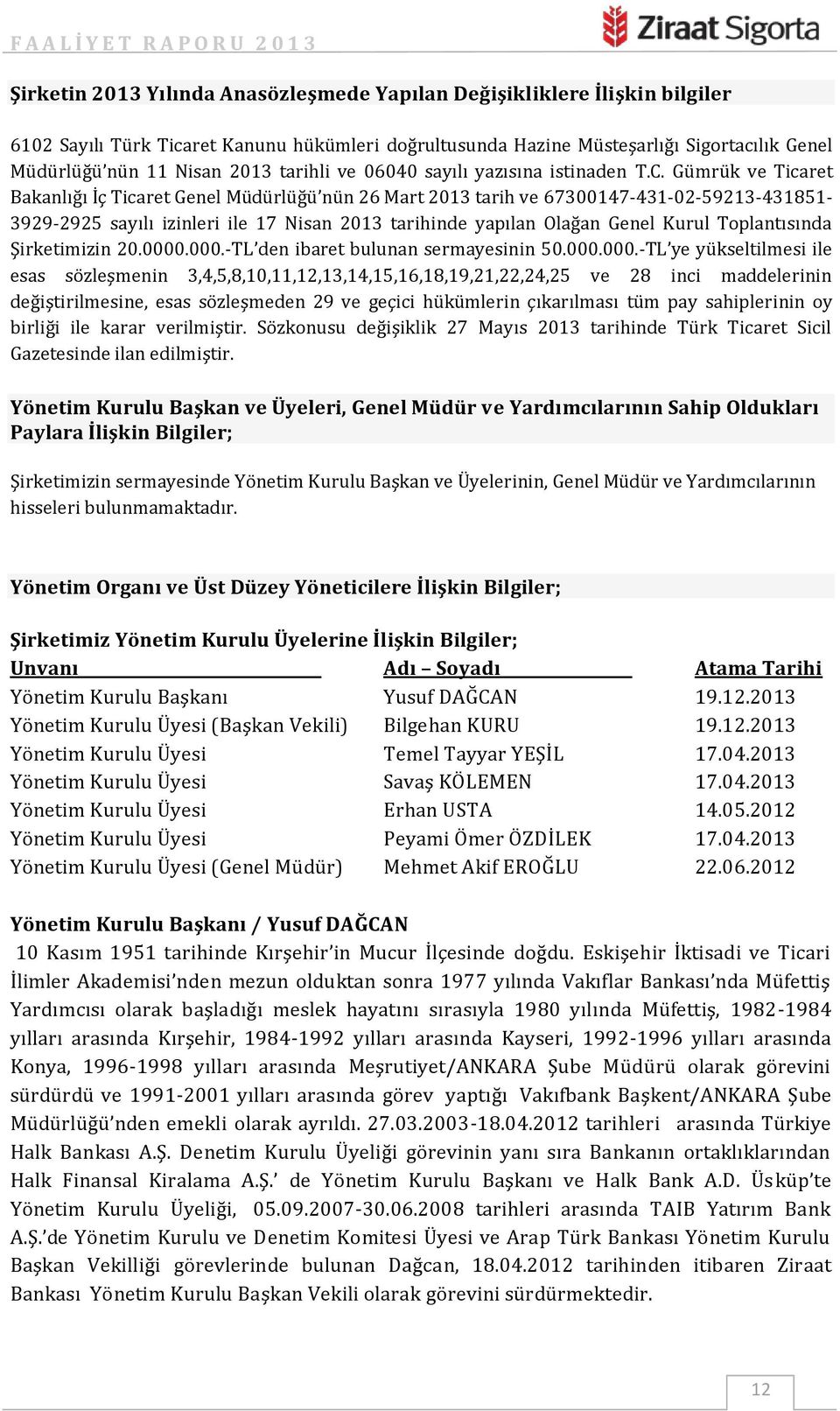 Gümrük ve Ticaret Bakanlığı İç Ticaret Genel Müdürlüğü nün 26 Mart 2013 tarih ve 67300147-431-02-59213-431851-3929-2925 sayılı izinleri ile 17 Nisan 2013 tarihinde yapılan Olağan Genel Kurul