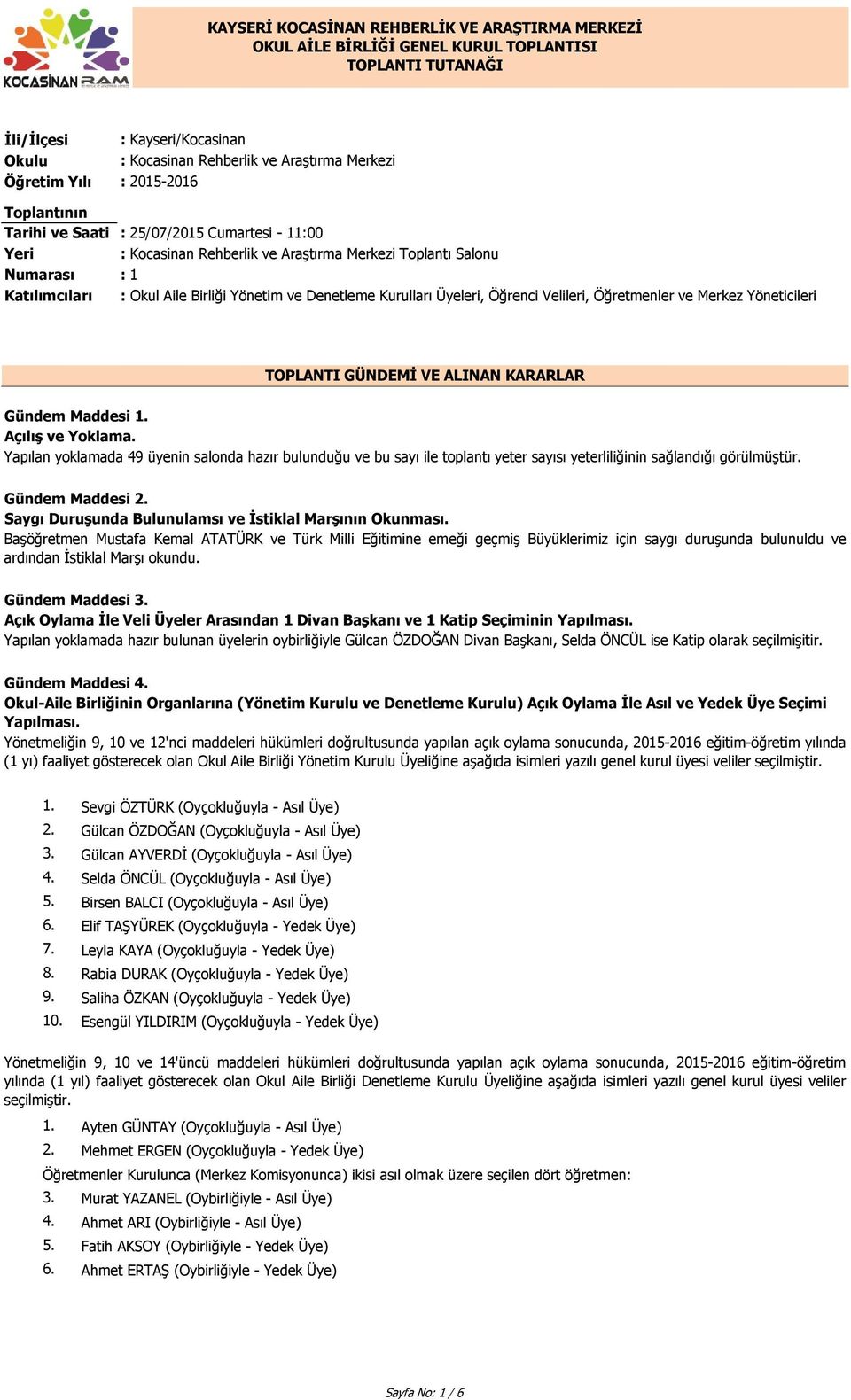 GÜNDEMİ VE ALINAN KARARLAR Gündem Maddesi 1. Açılış ve Yoklama. Yapılan yoklamada 49 üyenin salonda hazır bulunduğu ve bu sayı ile toplantı yeter sayısı yeterliliğinin sağlandığı görülmüştür.