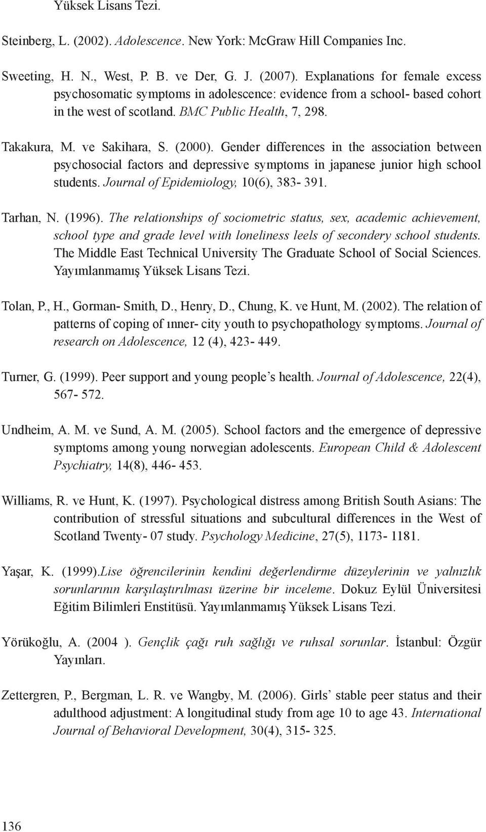 Gender differences in the association between psychosocial factors and depressive symptoms in japanese junior high school students. Journal of Epidemiology, 10(6), 383-391. Tarhan, N. (1996).