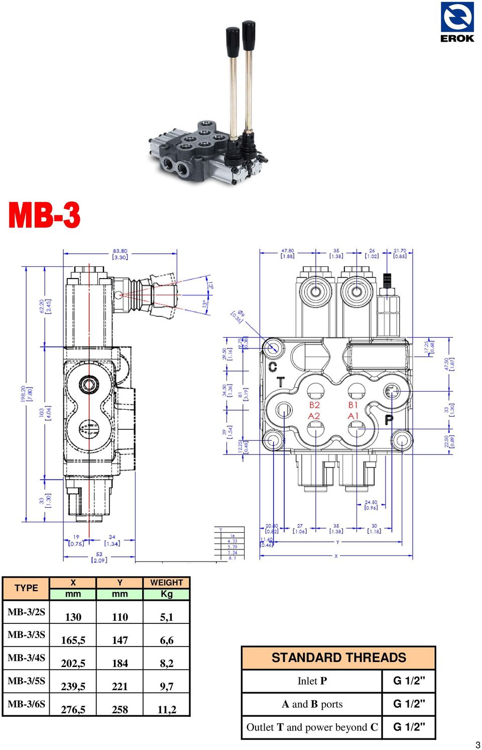 MB-3/5S 239,5 221 9,7 Inlet P G 1/2" MB-3/6S 276,5 258