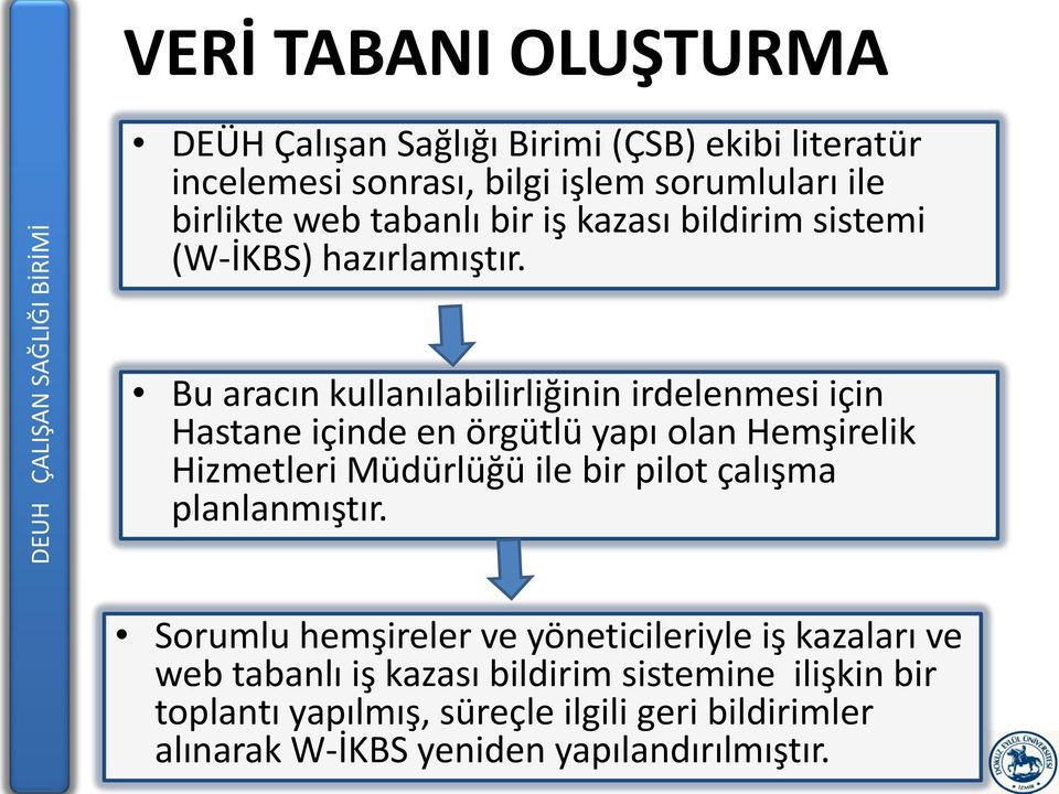 Bu aracın kullanılabilirliğinin irdelenmesi için Hastane içinde en örgütlü yapı olan Hemşirelik Hizmetleri Müdürlüğü ile bir pilot