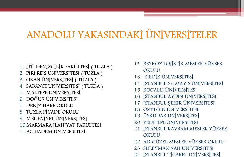 ACİBADEM ÜNİVERSİTESİ 12 BEYKOZ LOJİSTİK MESLEK YÜKSEK OKULU 13 GEDİK ÜNİVERSİTESİ 14 İSTANBUL 29 MAYIS ÜNİVERSİTESİ 15 KOCAELİ ÜNİVERSİTESİ 16 İSTANBUL AYDIN ÜNİVERSİTESİ 17