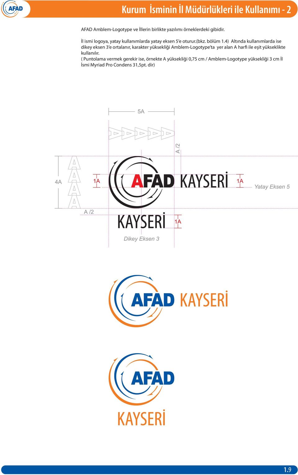 4) Altında kullanımlarda ise dikey eksen 3 e ortalanır, karakter yüksekliği Amblem-Logotype ta yer alan A harfi ile