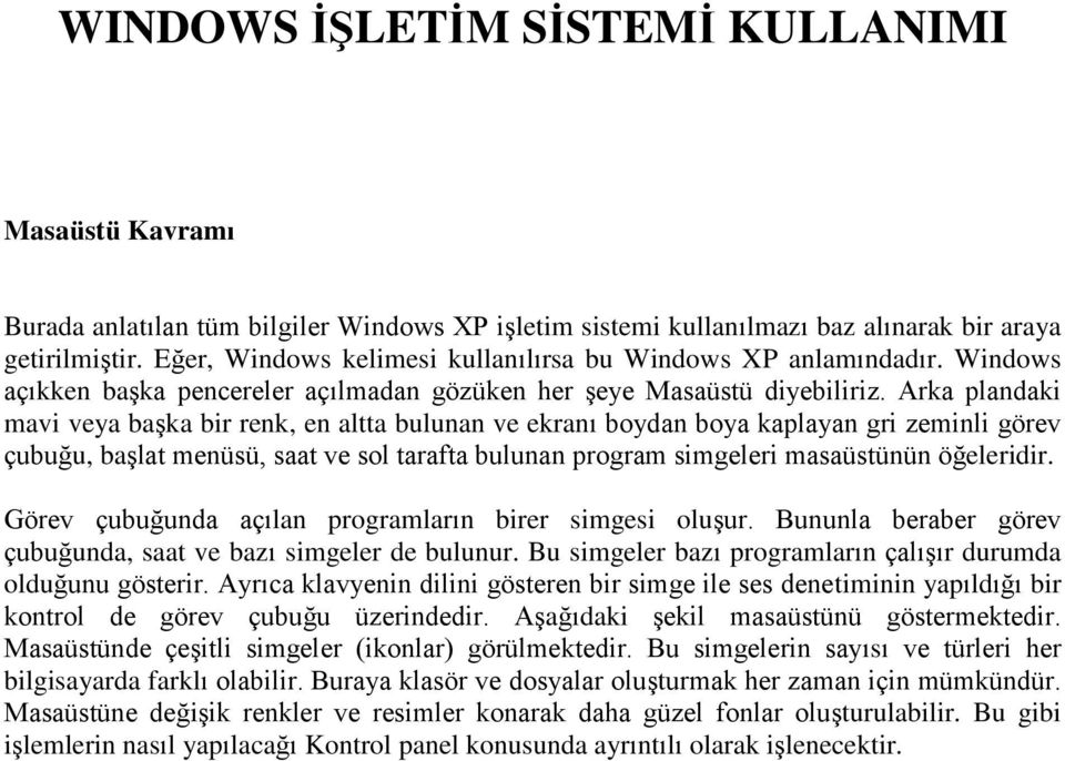 Arka plandaki mavi veya başka bir renk, en altta bulunan ve ekranı boydan boya kaplayan gri zeminli görev çubuğu, başlat menüsü, saat ve sol tarafta bulunan program simgeleri masaüstünün öğeleridir.