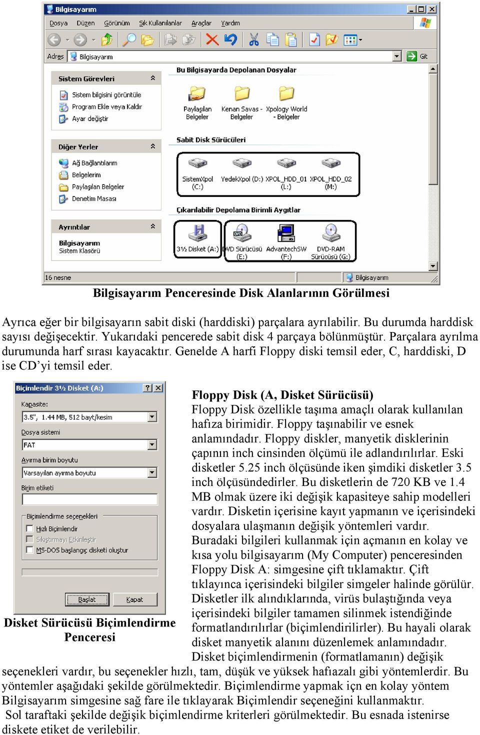 Disket Sürücüsü Biçimlendirme Penceresi Floppy Disk (A, Disket Sürücüsü) Floppy Disk özellikle taşıma amaçlı olarak kullanılan hafıza birimidir. Floppy taşınabilir ve esnek anlamındadır.