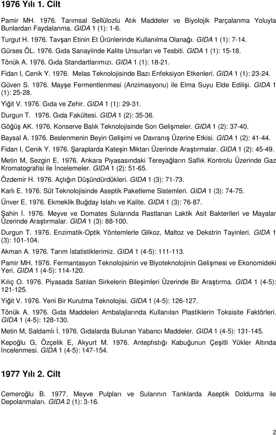 GIDA 1 (1): 23-24. Güven S. 1976. Mayşe Fermentlenmesi (Anzimasyonu) ile Elma Suyu Elde Edilişi. GIDA 1 (1): 25-28. Yiğit V. 1976. Gıda ve Zehir. GIDA 1 (1): 29-31. Durgun T. 1976. Gıda Fakültesi.