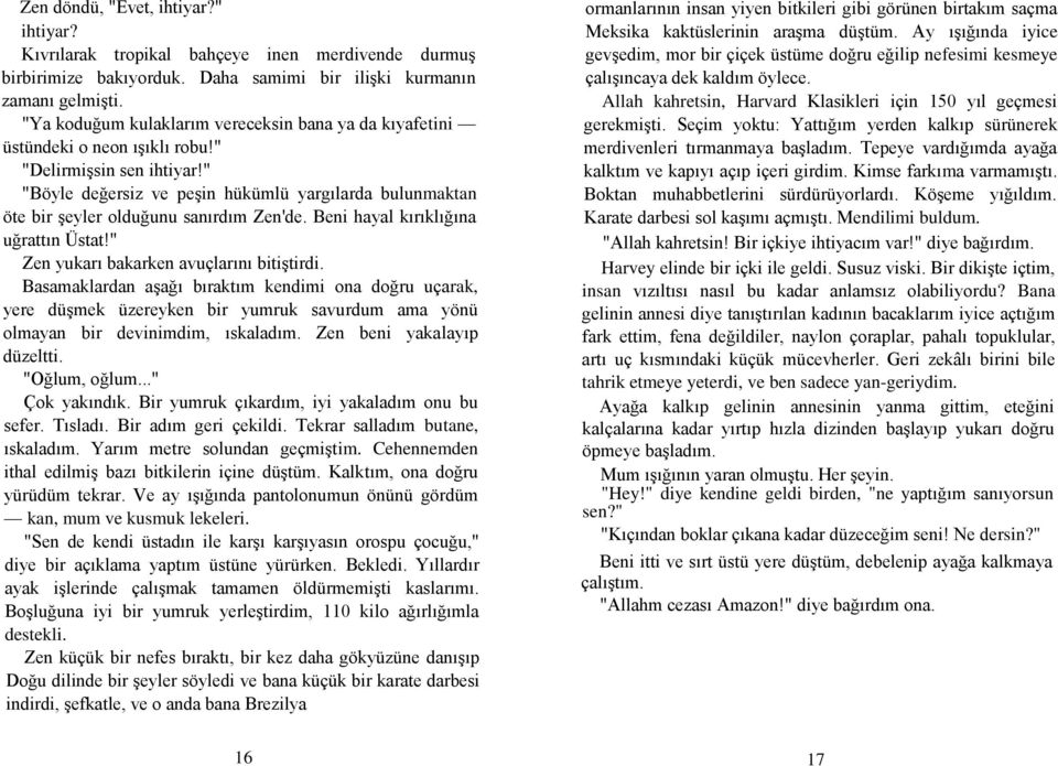 " "Böyle değersiz ve peģin hükümlü yargılarda bulunmaktan öte bir Ģeyler olduğunu sanırdım Zen'de. Beni hayal kırıklığına uğrattın Üstat!" Zen yukarı bakarken avuçlarını bitiģtirdi.