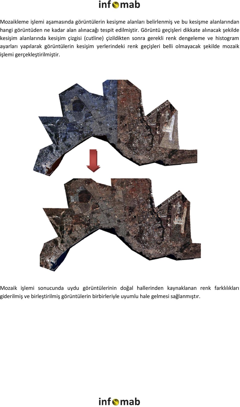 Görüntü geçişleri dikkate alınacak şekilde kesişim alanlarında kesişim çizgisi (cutline) çizildikten sonra gerekli renk dengeleme ve histogram ayarları