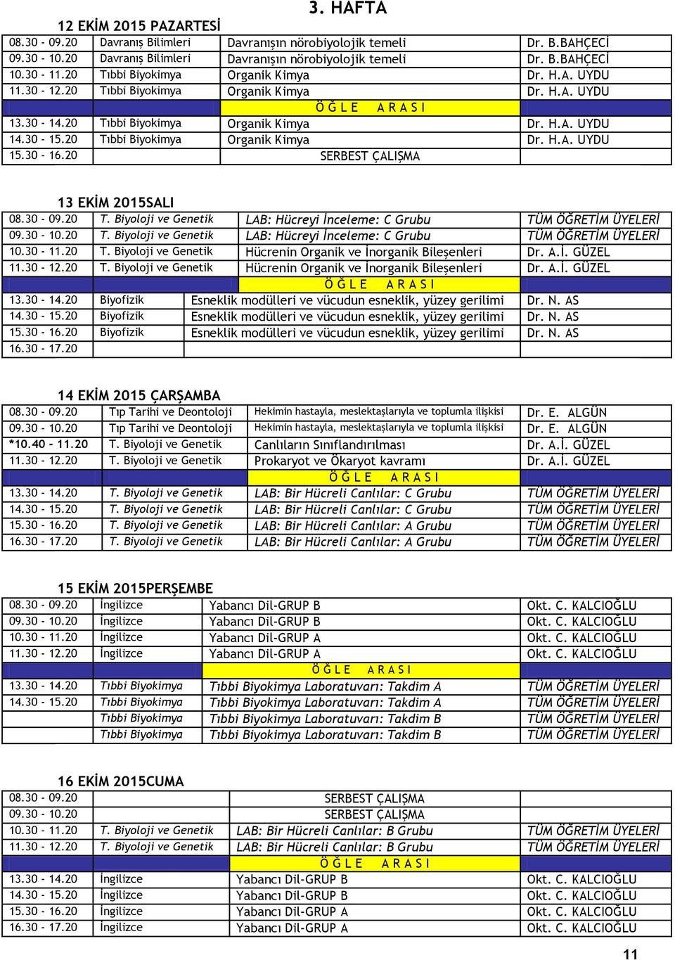 20 Tıbbi Biyokimya Organik Kimya Dr. H.A. UYDU 13 EKİM 2015SALI 08.30-09.20 T. Biyoloji ve Genetik LAB: Hücreyi İnceleme: C Grubu TÜM ÖĞRETİM ÜYELERİ 09.30-10.20 T. Biyoloji ve Genetik LAB: Hücreyi İnceleme: C Grubu TÜM ÖĞRETİM ÜYELERİ 10.