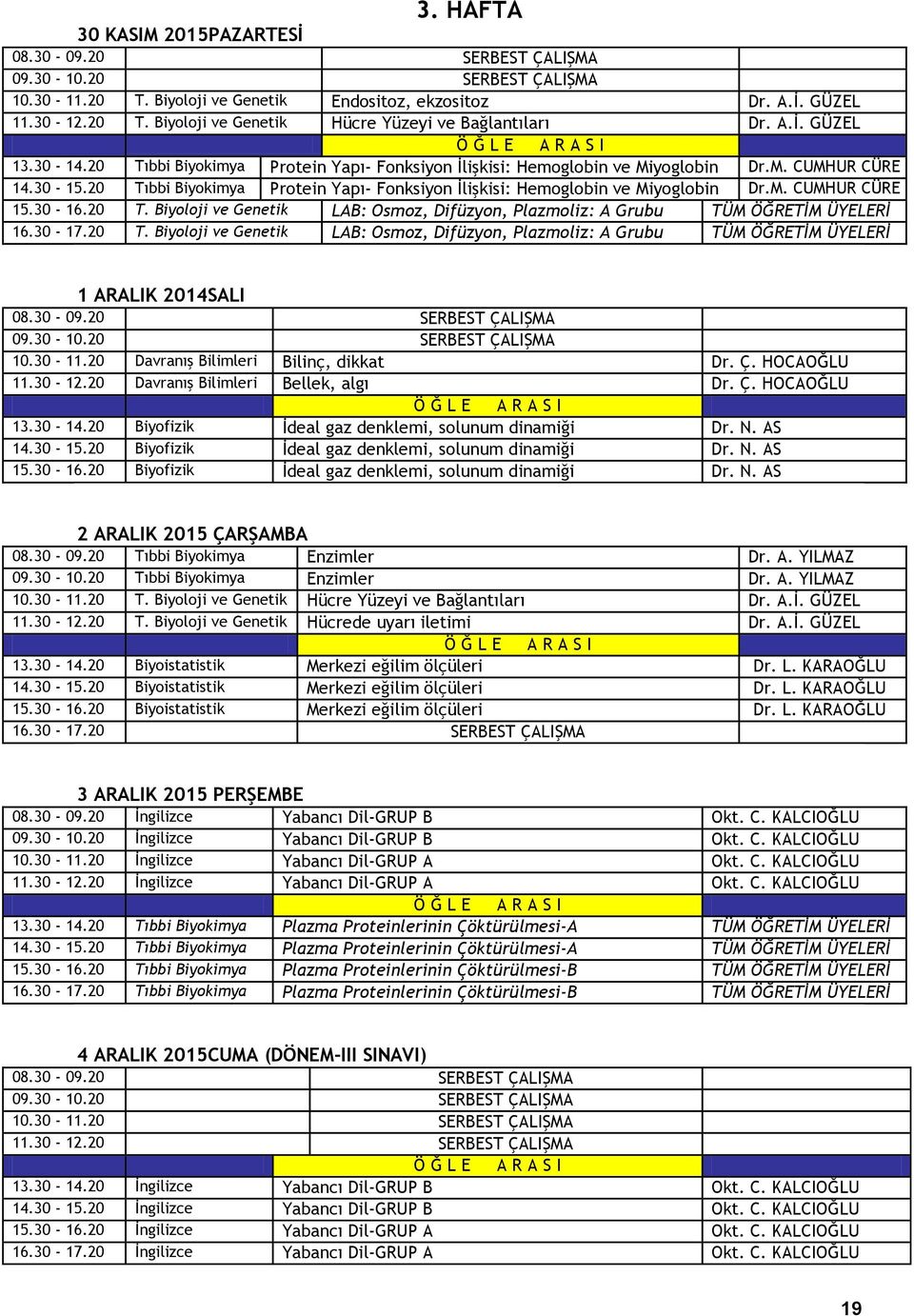 30-16.20 T. Biyoloji ve Genetik LAB: Osmoz, Difüzyon, Plazmoliz: A Grubu TÜM ÖĞRETİM ÜYELERİ 16.30-17.20 T. Biyoloji ve Genetik LAB: Osmoz, Difüzyon, Plazmoliz: A Grubu TÜM ÖĞRETİM ÜYELERİ 1 ARALIK 2014SALI 10.