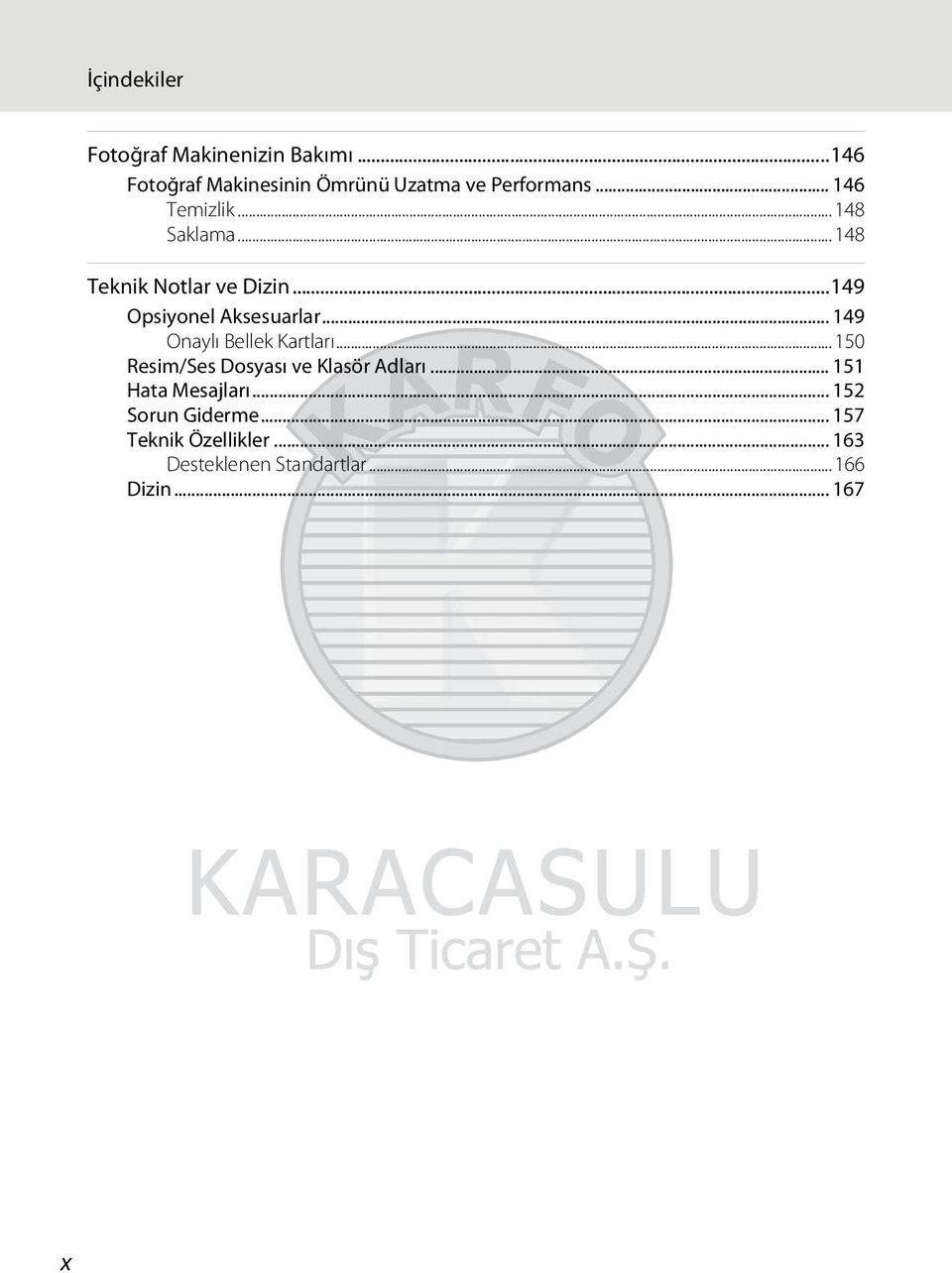 .. 149 Onaylı Bellek Kartları...150 Resim/Ses Dosyası ve Klasör Adları... 151 Hata Mesajları.