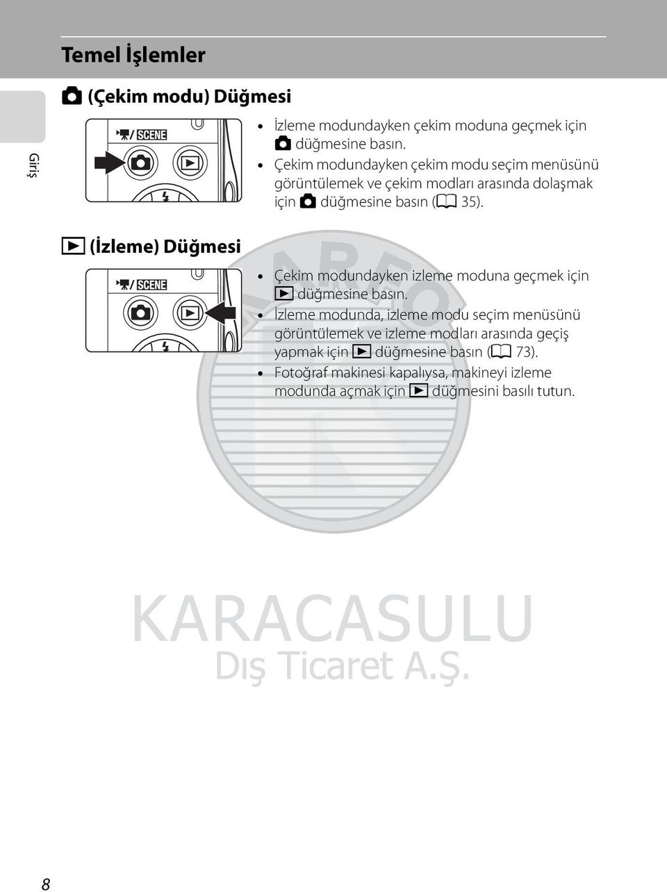 c (İzleme) Düğmesi Çekim modundayken izleme moduna geçmek için c düğmesine basın.