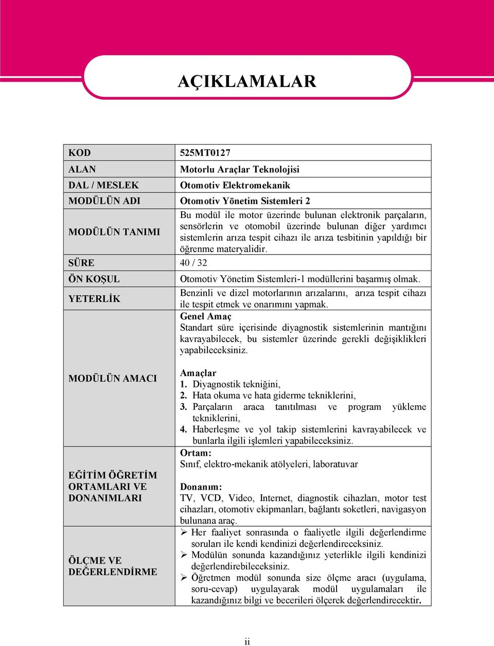 SÜRE 40 / 32 ÖN KOŞUL YETERLİK AÇIKLAMALAR Otomotiv Yönetim Sistemleri-1 modüllerini başarmış olmak.