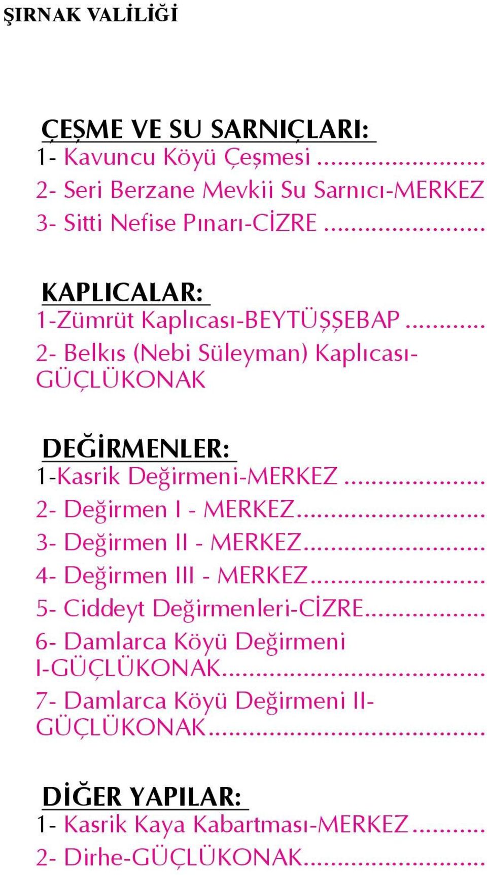 .. 2- Değirmen I - MERKEZ... 3- Değirmen II - MERKEZ... 4- Değirmen III - MERKEZ... 5- Ciddeyt Değirmenleri-CİZRE.