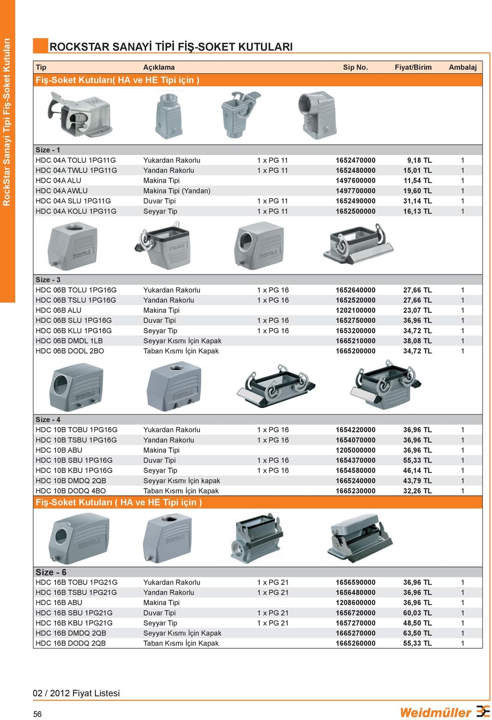 KOLU 1PG11G Seyyar Tip 1 x PG 11 1652500000 16,13 TL 1 Size - 3 HDC 06B TOLU 1PG16G Yukardan Rakorlu 1 x PG 16 1652640000 27,66 TL 1 HDC 06B TSLU 1PG16G Yandan Rakorlu 1 x PG 16 1652520000 27,66 TL 1