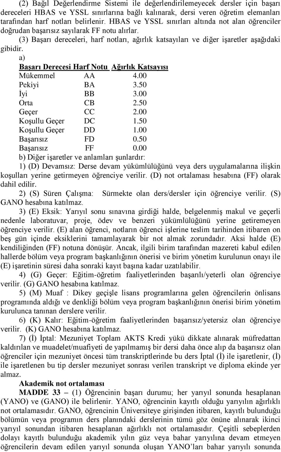 a) BaĢarı Derecesi Harf Notu Ağırlık Katsayısı Mükemmel AA 4.00 Pekiyi BA 3.50 İyi BB 3.00 Orta CB 2.50 Geçer CC 2.00 Koşullu Geçer DC 1.50 Koşullu Geçer DD 1.00 Başarısız FD 0.50 Başarısız FF 0.