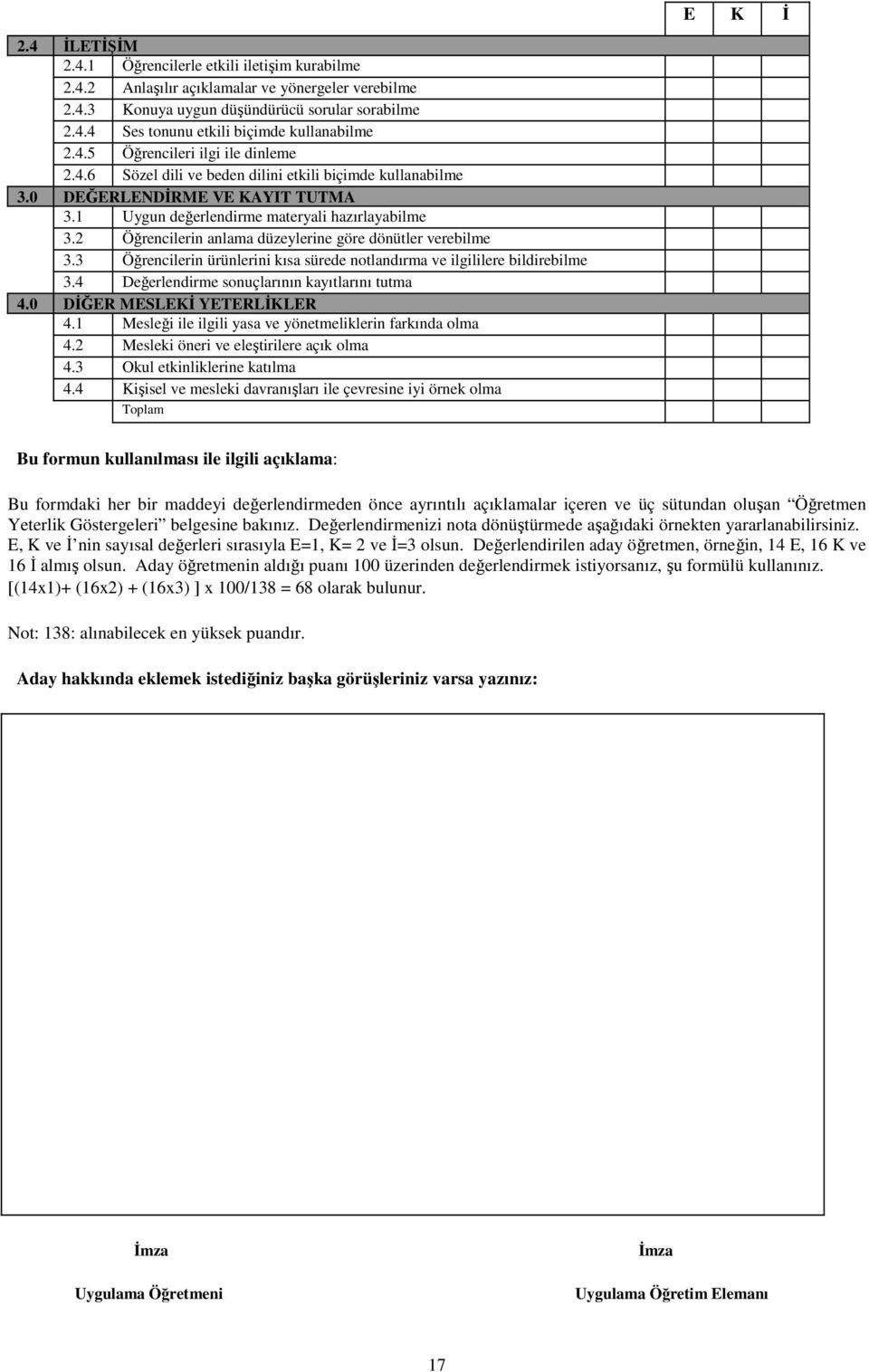 2 Öğrencilerin anlama düzeylerine göre dönütler verebilme 3.3 Öğrencilerin ürünlerini kısa sürede notlandırma ve ilgililere bildirebilme 3.4 Değerlendirme sonuçlarının kayıtlarını tutma 4.