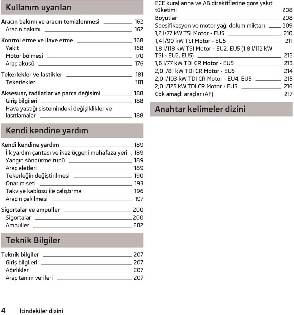 Spesifikasyon ve motor yağı dolum miktarı 209 1,2 l/77 kw TSI Motor - EU5 210 1,4 l/90 kw TSI Motor - EU5 211 1,8 l/118 kw TSI Motor - EU2, EU5 (1,8 l/112 kw TSI - EU2, EU5) 212 1,6 l/77 kw TDI CR