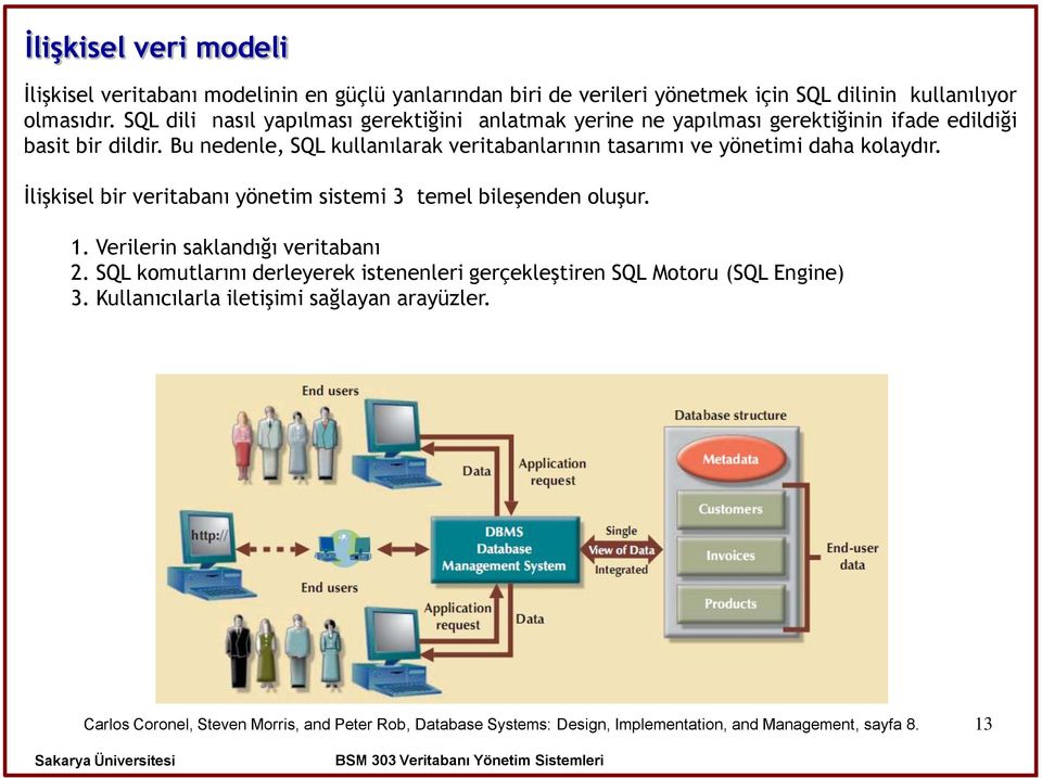 Bu nedenle, SQL kullanılarak veritabanlarının tasarımı ve yönetimi daha kolaydır. İlişkisel bir veritabanı yönetim sistemi 3 temel bileşenden oluşur. 1.