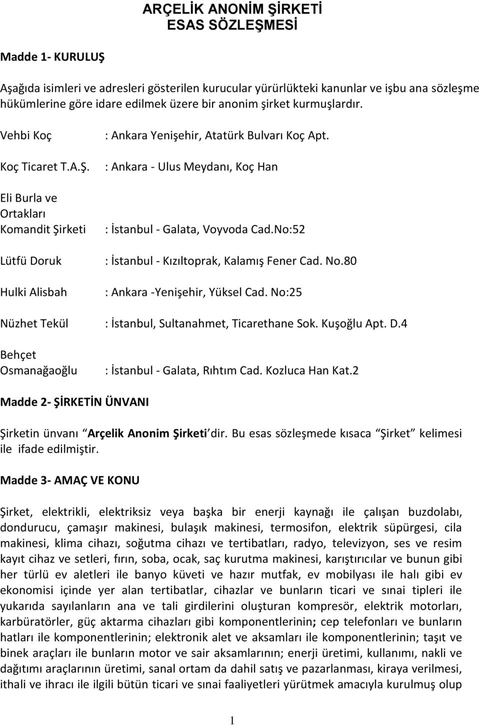 : Ankara - Ulus Meydanı, Koç Han : İstanbul - Galata, Voyvoda Cad.No:52 : İstanbul - Kızıltoprak, Kalamış Fener Cad. No.80 : Ankara -Yenişehir, Yüksel Cad.