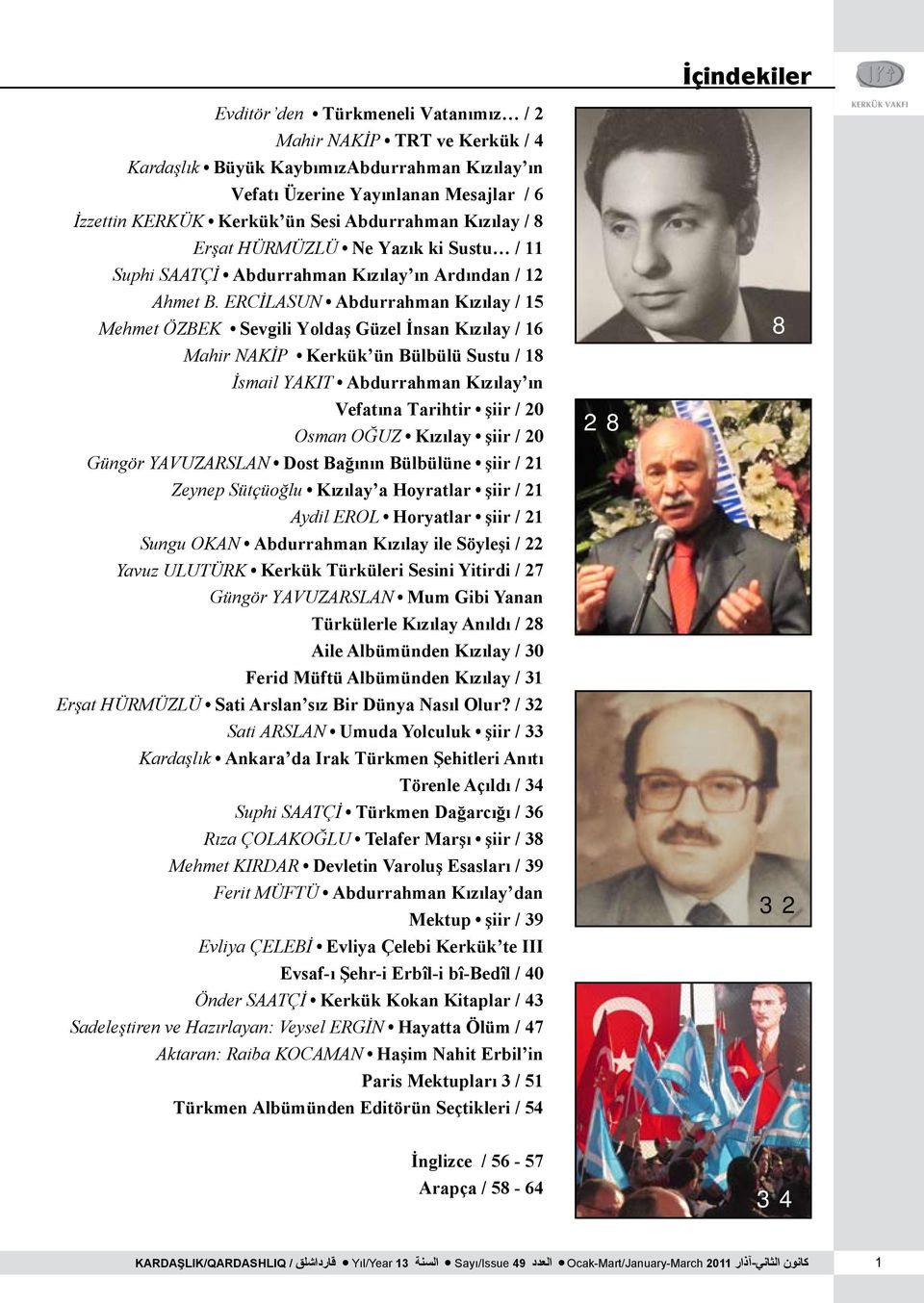 ERCİLASUN Abdurrahman Kızılay / 15 Mehmet ÖZBEK Sevgili Yoldaş Güzel İnsan Kızılay / 16 Mahir NAKİP Kerkük ün Bülbülü Sustu / 18 İsmail YAKIT Abdurrahman Kızılay ın Vefatına Tarihtir şiir / 20 Osman