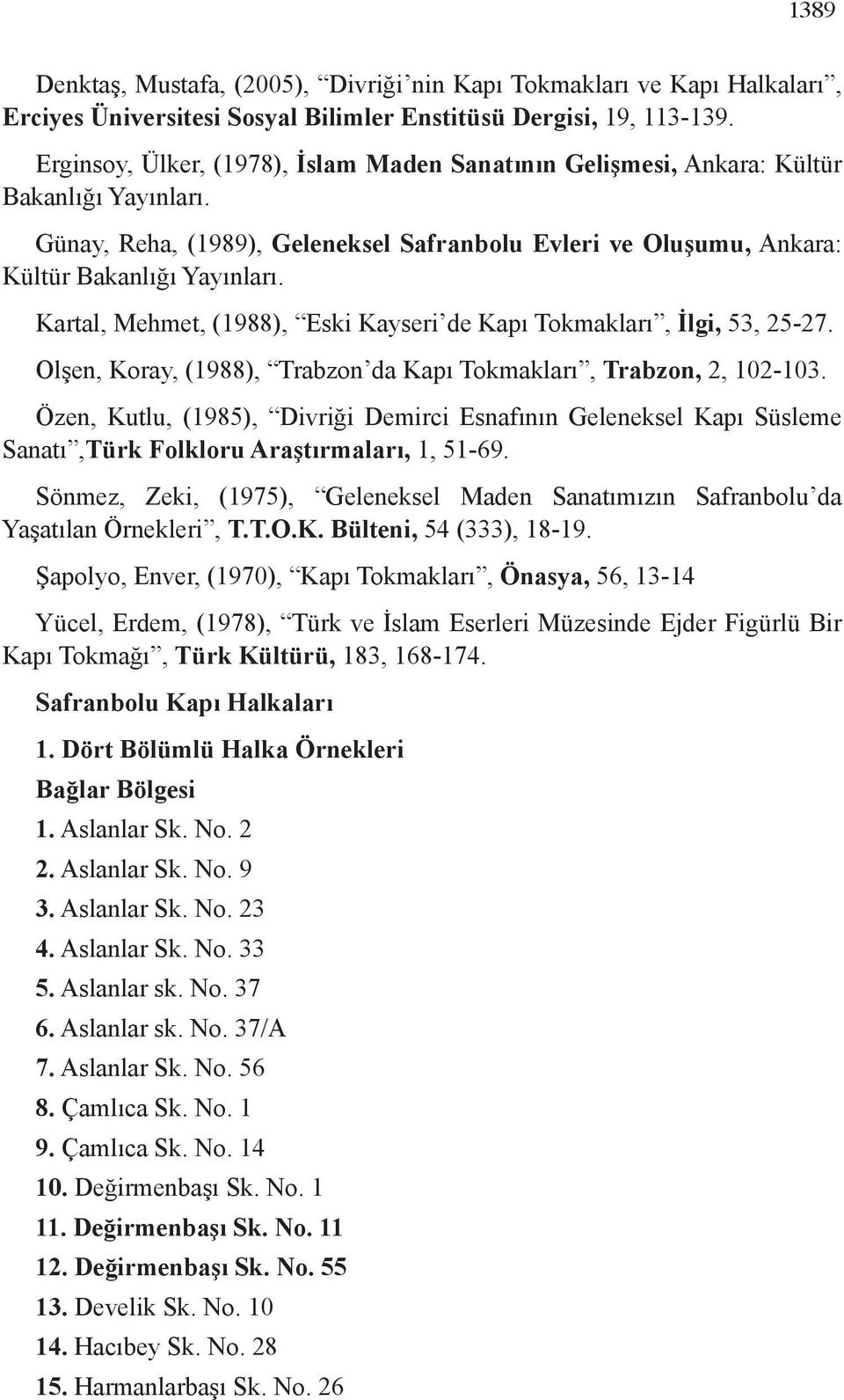 Kartal, Mehmet, (1988), Eski Kayseri de Kapı Tokmakları, İlgi, 53, 25-27. Olşen, Koray, (1988), Trabzon da Kapı Tokmakları, Trabzon, 2, 102-103.