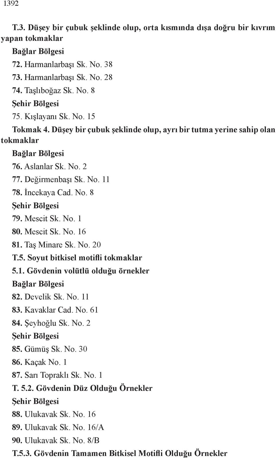 Mescit Sk. No. 1 80. Mescit Sk. No. 16 81. Taş Minare Sk. No. 20 T.5. Soyut bitkisel motifli tokmaklar 5.1. Gövdenin volütlü olduğu örnekler Bağlar Bölgesi 82. Develik Sk. No. 11 83. Kavaklar Cad. No. 61 84.