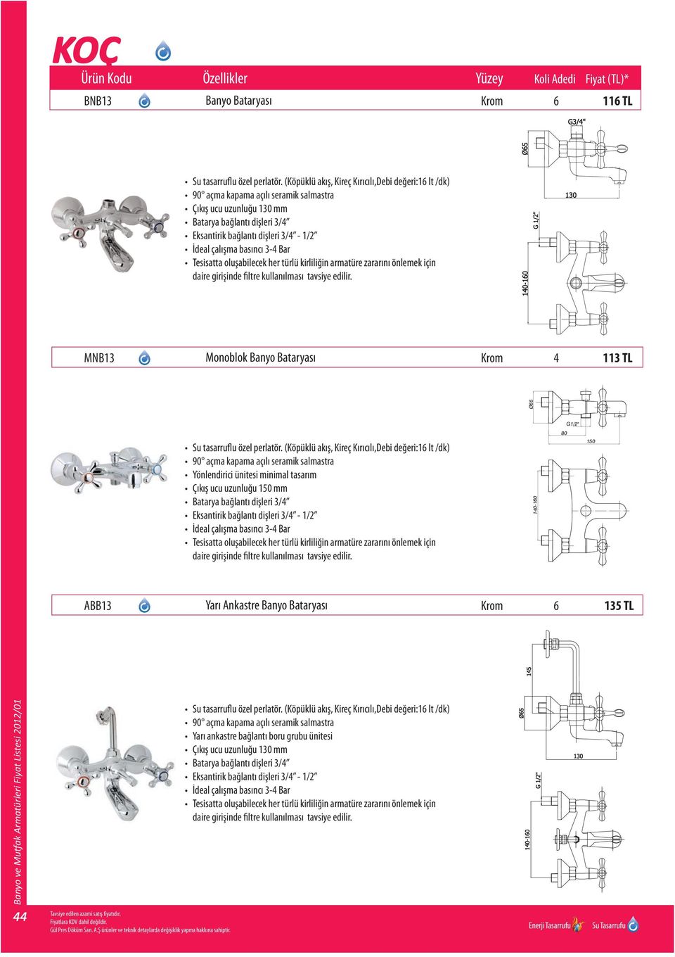 150 mm 150 MNB13 KOÇ MONOBLOK BANYO BATARYASI ABB13 Yarı Ankastre Banyo Bataryası