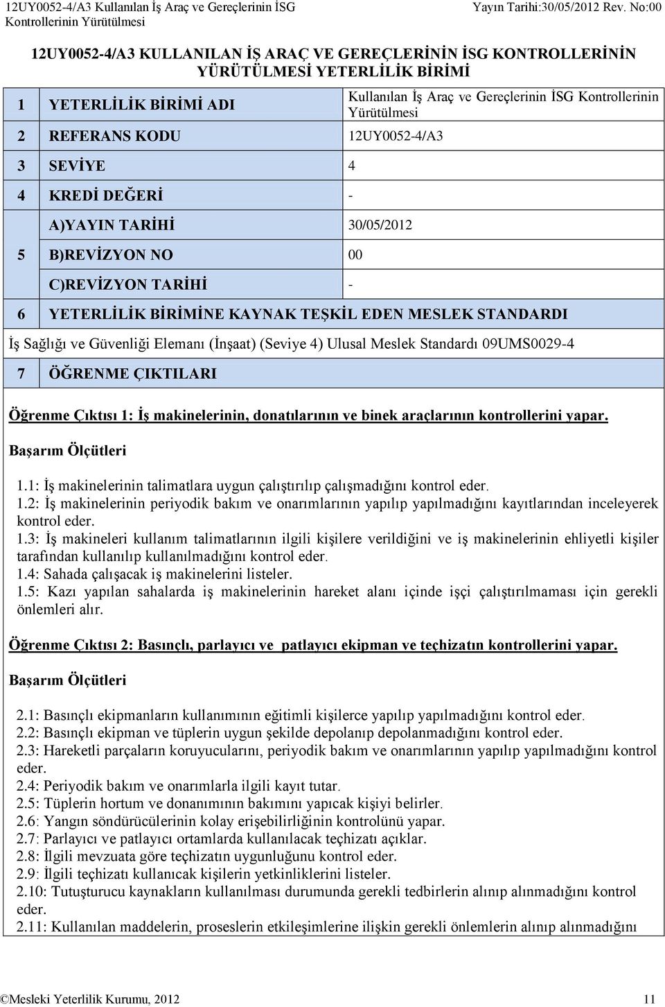 YETERLİLİK BİRİMİNE KAYNAK TEŞKİL EDEN MESLEK STANDARDI İş Sağlığı ve Güvenliği Elemanı (İnşaat) (Seviye 4) Ulusal Meslek Standardı 09UMS0029-4 7 ÖĞRENME ÇIKTILARI Öğrenme Çıktısı 1: İş