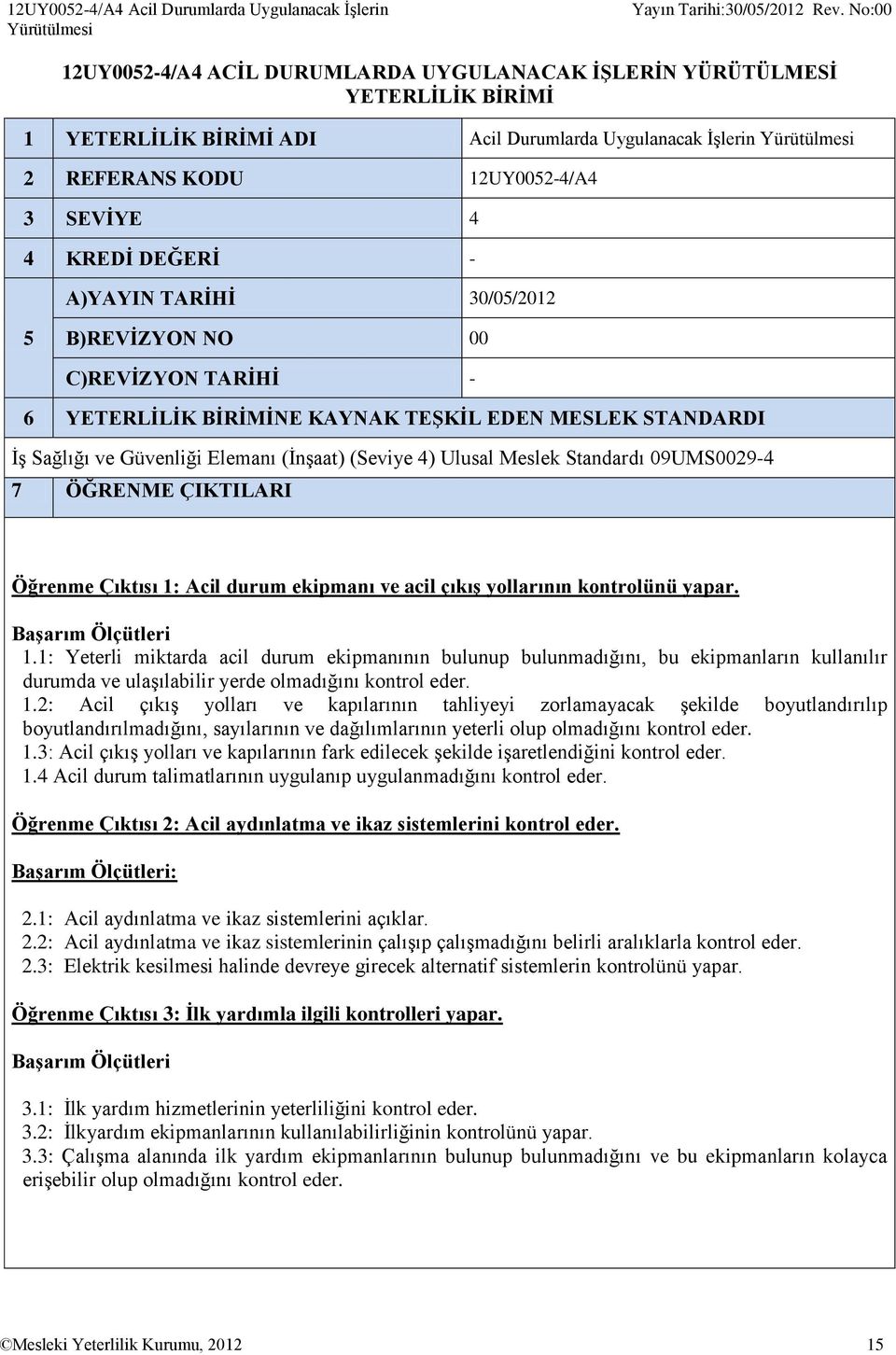 STANDARDI İş Sağlığı ve Güvenliği Elemanı (İnşaat) (Seviye 4) Ulusal Meslek Standardı 09UMS0029-4 7 ÖĞRENME ÇIKTILARI Öğrenme Çıktısı 1: Acil durum ekipmanı ve acil çıkış yollarının kontrolünü yapar.