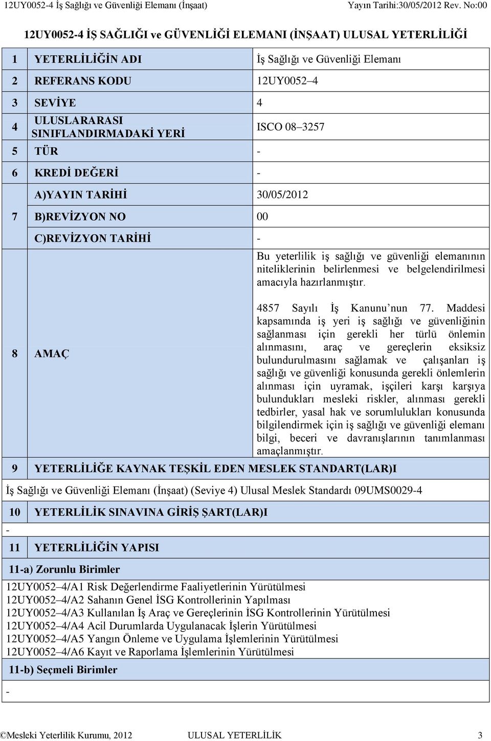 elemanının niteliklerinin belirlenmesi ve belgelendirilmesi amacıyla hazırlanmıştır. 4857 Sayılı İş Kanunu nun 77.