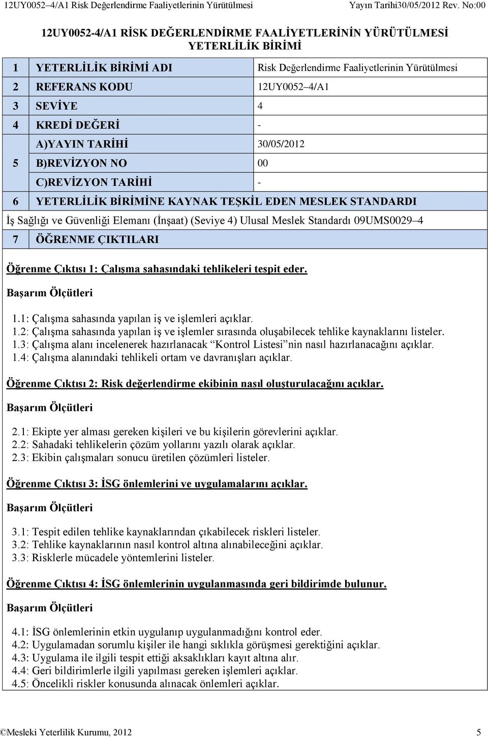 KREDİ DEĞERİ - 5 A)YAYIN TARİHİ 30/05/2012 B)REVİZYON NO 00 C)REVİZYON TARİHİ - 6 YETERLİLİK BİRİMİNE KAYNAK TEŞKİL EDEN MESLEK STANDARDI İş Sağlığı ve Güvenliği Elemanı (İnşaat) (Seviye 4) Ulusal