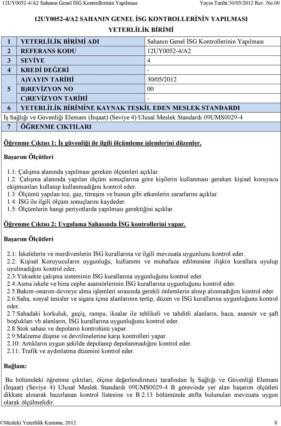 Güvenliği Elemanı (İnşaat) (Seviye 4) Ulusal Meslek Standardı 09UMS0029-4 7 ÖĞRENME ÇIKTILARI Öğrenme Çıktısı 1: İş güvenliği ile ilgili ölçümleme işlemlerini düzenler. 1.1: Çalışma alanında yapılması gereken ölçümleri açıklar.