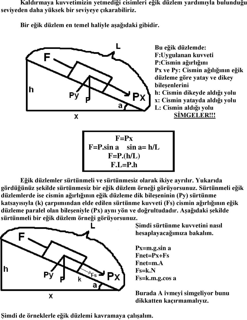 Cismin aldığı yolu SİMGELER!!! F=Px F=P.sin a sin a= h/l F=P.(h/L) F.L=P.h Eğik düzlemler sürtünmeli ve sürtünmesiz olarak ikiye ayrılır.