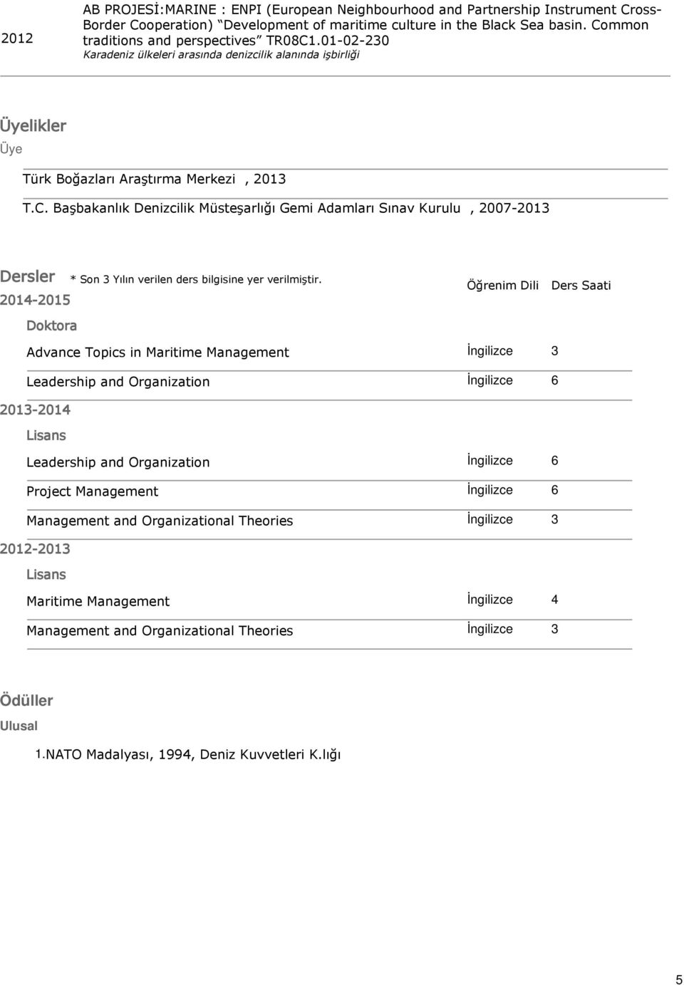 Öğrenim Dili Ders Saati Advance Topics in Maritime Management İngilizce 3 Leadership and Organization İngilizce 6 2013-2014 Lisans Leadership and Organization İngilizce 6 Project Management İngilizce