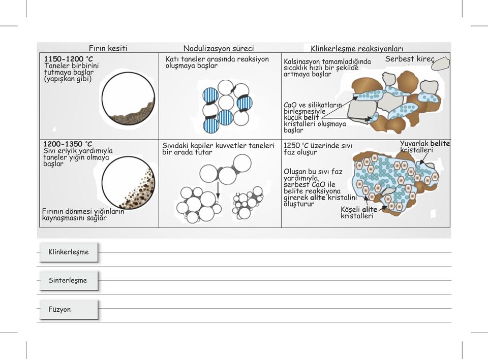 eriyik yardımıyla taneler yığın olmaya başlar Fırının dönmesi yığınların kaynaşmasını sağlar Sıvıdaki kapiler kuvvetler taneleri bir arada tutar o 1250 C üzerinde sıvı faz