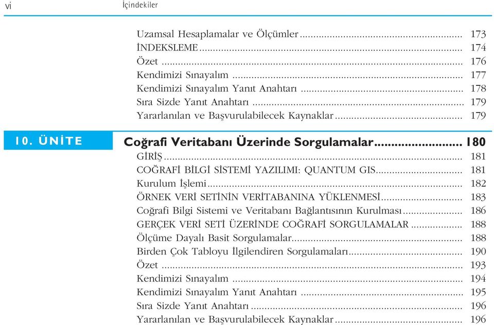 .. 182 ÖRNEK VER SET N N VER TABANINA YÜKLENMES... 183 Co rafi Bilgi Sistemi ve Veritaban Ba lant s n n Kurulmas... 186 GERÇEK VER SET ÜZER NDE CO RAF SORGULAMALAR.