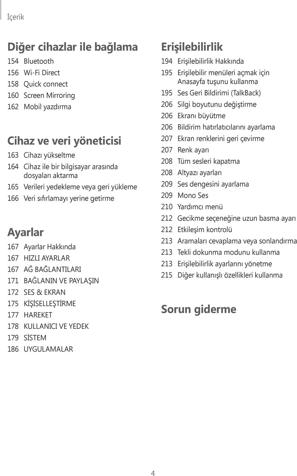 SES & EKRAN 175 KİŞİSELLEŞTİRME 177 HAREKET 178 KULLANICI VE YEDEK 179 SİSTEM 186 UYGULAMALAR Erişilebilirlik 194 Erişilebilirlik Hakkında 195 Erişilebilir menüleri açmak için Anasayfa tuşunu